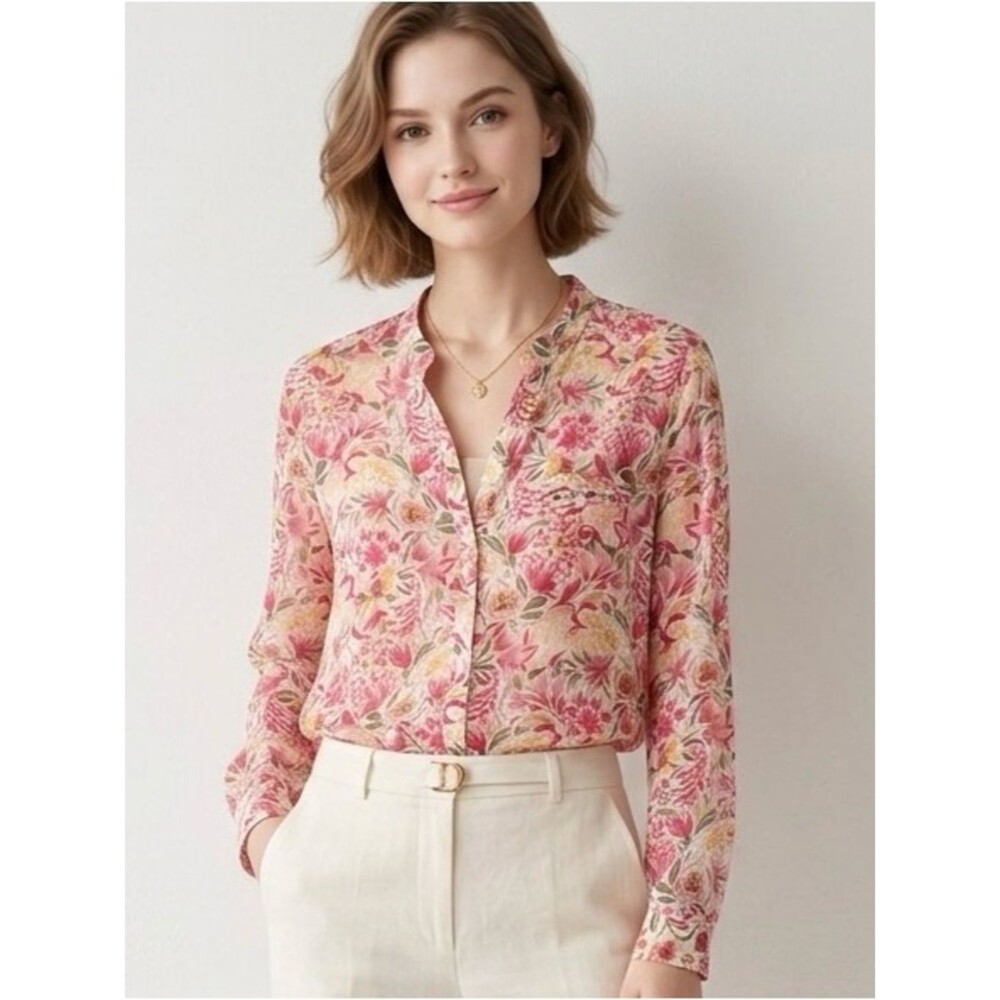 Kut from the Kloth Floral Pink Sheer Button-Front Blouse Coastal SZ XL